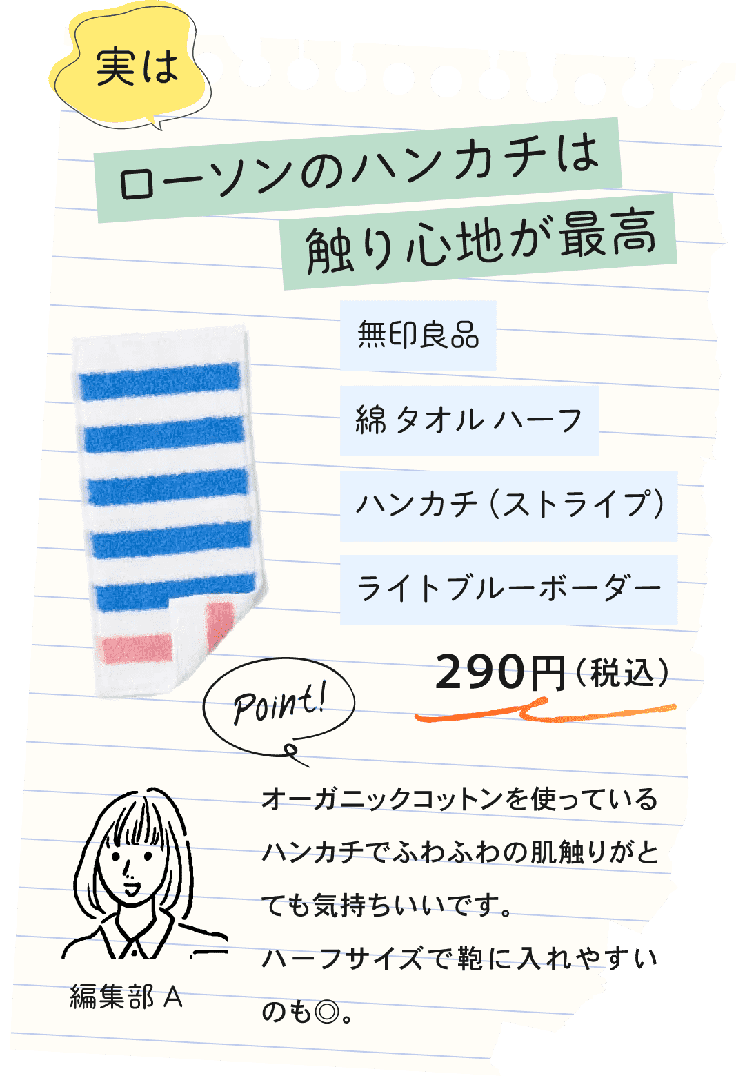 実はローソンのハンカチは触り心地が最高 無印良品 綿 タオル ハーフハンカチ (ストライプ)ライトブルーボーダー290円(税込) Point! 編集部A オーガニックコットンを使っているハンカチでふわふわの肌触りがとても気持ちいいです。ハーフサイズで鞄に入れやすいのも◎。
