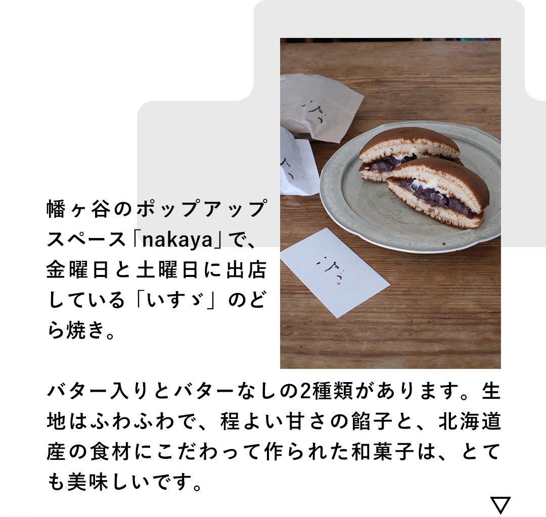 幡ヶ谷のポップアップスペース「nakaya」で、金曜日と土曜日に出店している「いすゞ」のどら焼き。