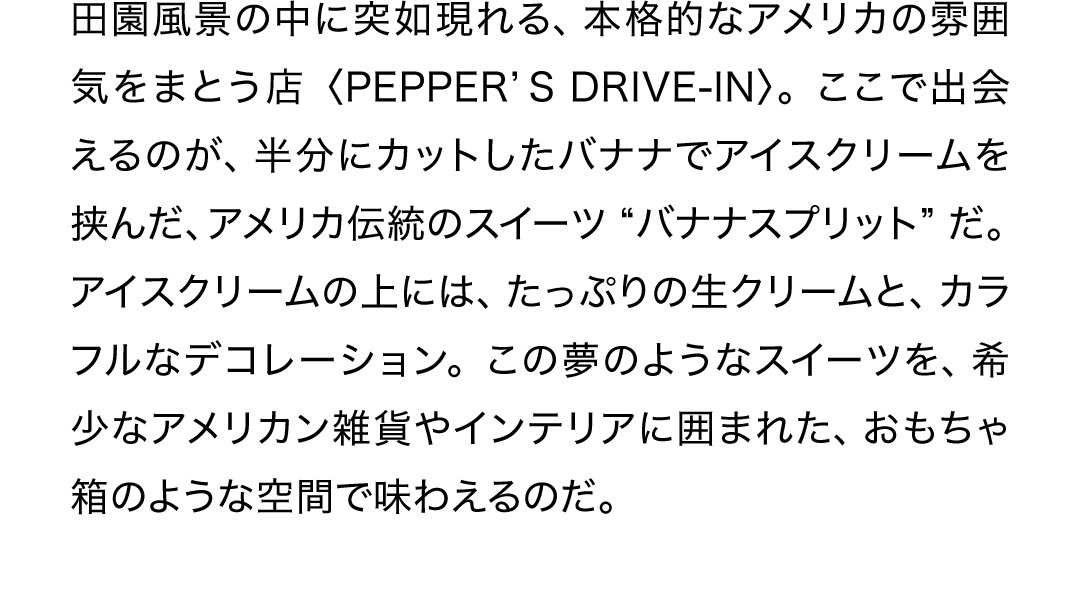 田園風景の中に突如現れる、本格的なアメリカの雰囲気をまとう店〈PEPPER’S DRIVE-IN〉。ここで出会えるのが、半分にカットしたバナナでアイスクリームを挟んだ、アメリカ伝統のスイーツ“バナナスプリット”だ。アイスクリームの上には、たっぷりの生クリームと、カラフルなデコレーション。この夢のようなスイーツを、希少なアメリカン雑貨やインテリアに囲まれた、おもちゃ箱のような空間で味わえるのだ。