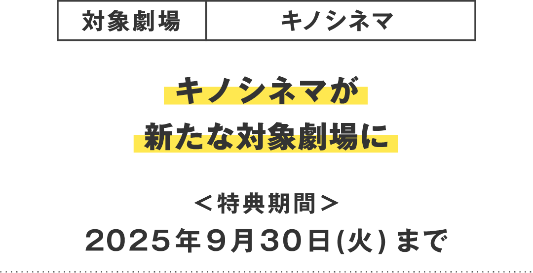 対象劇場：キノシネマ　キノシネマが新たな対象劇場に＜特典期間＞2025年9月30日(火) まで