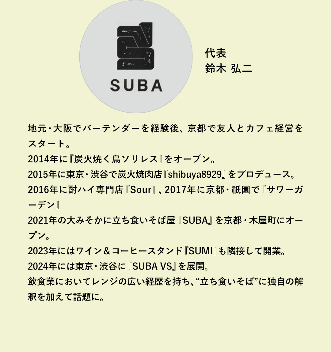 代表 鈴木 弘二　地元・大阪でバーテンダーを経験後、京都で友人とカフェ経営をスタート。 2014年に『炭火焼く鳥ソリレス』をオープン。／2015年に東京・渋谷で炭火焼肉店『shibuya8929』をプロデュース。／2016年に酎ハイ専門店『Sour』、2017年に京都・祇園で『サワーガーデン』／2021年の大みそかに立ち食いそば屋『SUBA』を京都・木屋町にオープン。／2023年にはワイン＆コーヒースタンド『SUMI』も隣接して開業。／2024年には東京・渋谷に『SUBA VS」』を展開。 飲食業においてレンジの広い経歴を持ち、“立ち食いそば”に独自の解釈を加えて話題に。