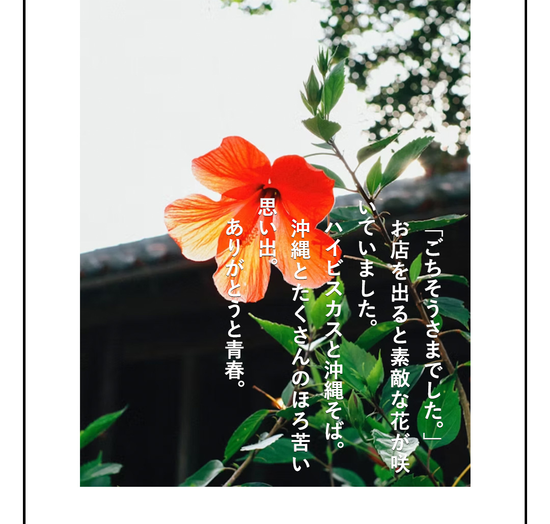 「ごちそうさまでした。」お店を出ると素敵な花が咲いていました。ハイビスカスと沖縄そば。沖縄とたくさんのほろ苦い思い出。ありがとうと青春。