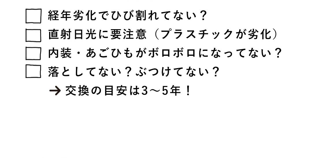 経年劣化でひび割れてない？／直射日光に要注意（プラスチックが劣化）／内装・あごひもがボロボロになってない？／落としてない？ぶつけてない？→交換の目安は3～5年！