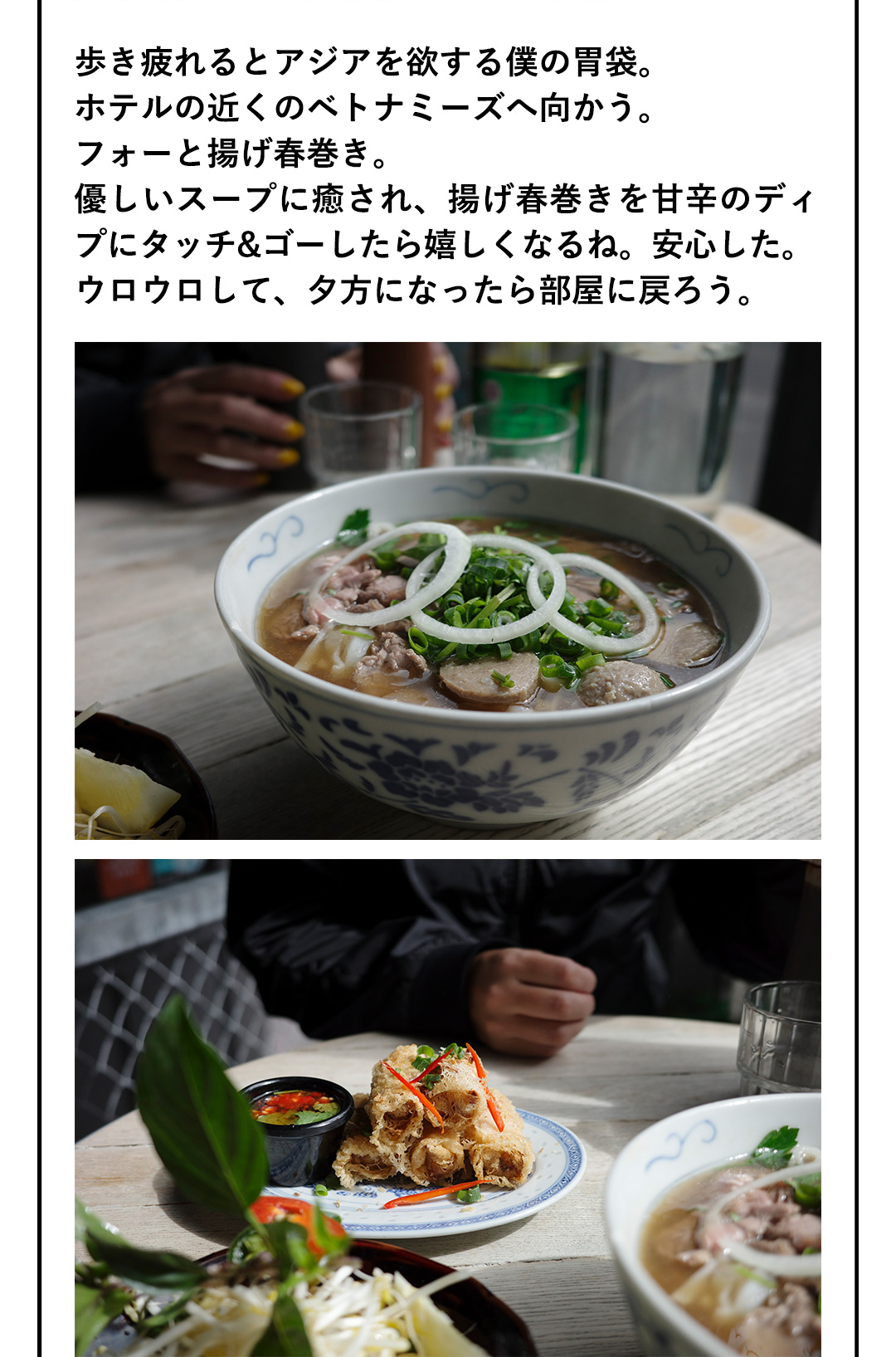 歩き疲れるとアジアを欲する僕の胃袋。ホテルの近くのベトナミーズへ向かう。フォーと揚げ春巻き。優しいスープに癒され、揚げ春巻きを甘辛のディプにタッチ&ゴーしたら嬉しくなるね。安心した。ウロウロして、夕方になったら部屋に戻ろう。