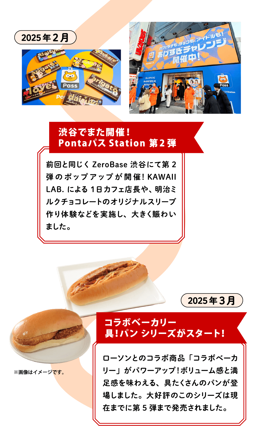 2025年2月【渋谷でまた開催！PontaパスStation 第2弾】前回と同じくZeroBase渋谷にて第2弾のポップアップが開催！KAWAII LAB.による1日カフェ店長や、明治ミルクチョコレートのオリジナルスリーブ作り体験などを実施し、大きく賑わいました。／2025年3月【コラボベーカリー 具！パン シリーズがスタート！】ローソンとのコラボ商品「コラボベーカリー」がパワーアップ！ボリューム感と満足感を味わえる、具たくさんのパンが登場しました。大好評のこのシリーズは現在までに第5弾まで発売されました。