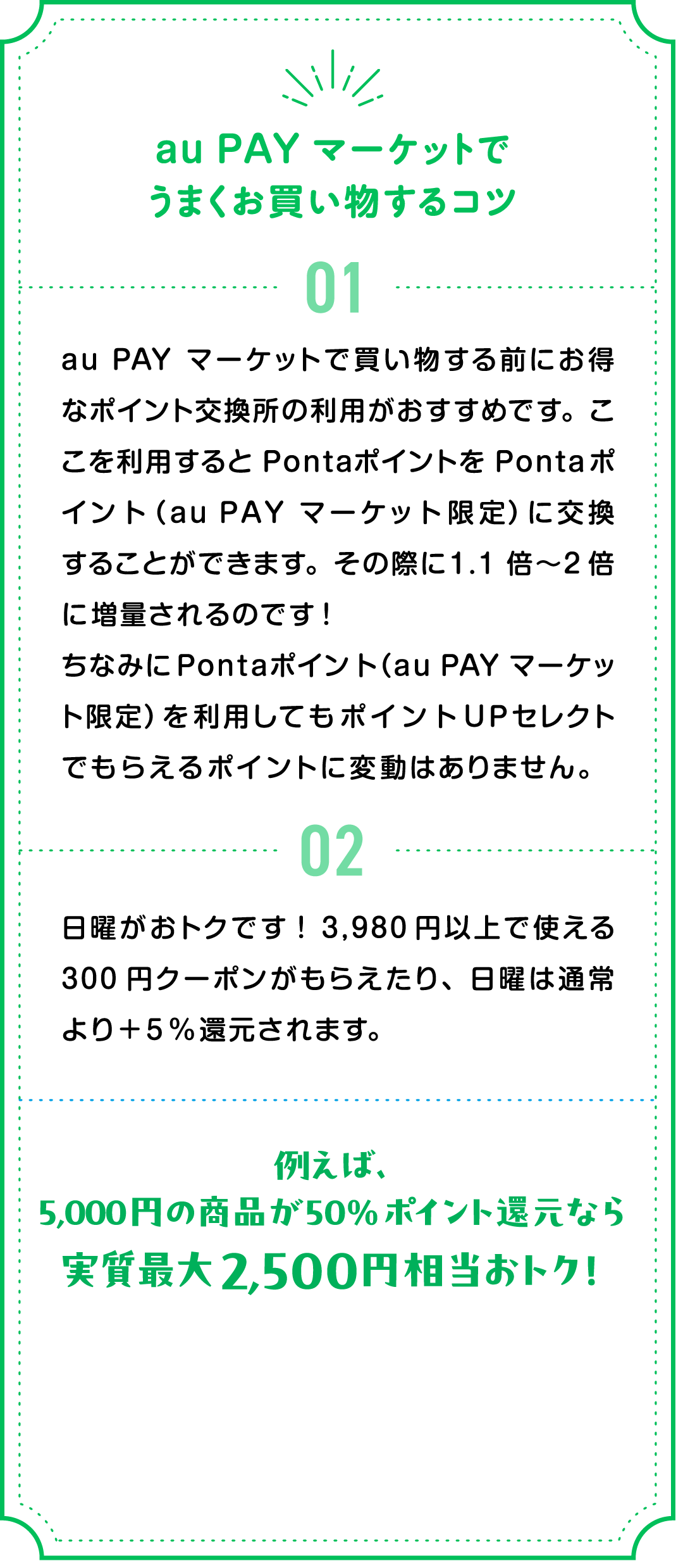 au PAY マーケットでうまくお買い物するコツ 01 au PAY マーケットで買い物する前にお得なポイント交換所の利用がおすすめです。ここを利用するとPontaポイントをPontaポイント（au PAY マーケット限定）に交換することができます。その際に1.1倍～2倍に増量されるのです！ちなみにPontaポイント（au PAY マーケット限定）を利用してもポイントUPセレクトでもらえるポイントに変動はありません。 02 日曜がおトクです！3,980円以上で使える300円クーポンがもらえたり、日曜は通常より＋5％還元されます。 例えば、5,000円の商品が50%ポイント還元なら実質最大2,500円相当おトク！
