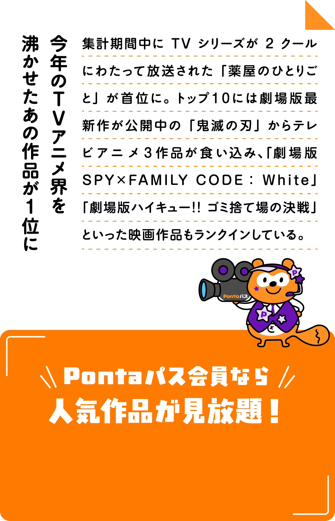 今年のTVアニメ界を沸かせたあの作品が1位に 集計期間中にTVシリーズが2クールにわたって放送された「薬屋のひとりごと」が首位に。トップ10には劇場版最新作が公開中の「鬼滅の刃」からテレビアニメ3作品が食い込み、「劇場版 SPY×FAMILY CODE：White」「劇場版ハイキュー！！ ゴミ捨て場の決戦」といった映画作品もランクインしている。Pontaパス会員なら人気作品が見放題！