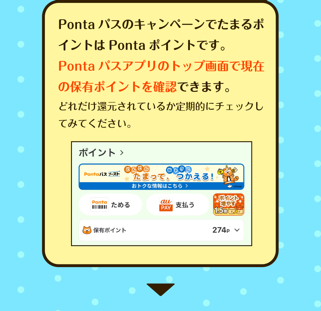 PontaパスのキャンペーンでたまるポイントはPontaポイントです。Pontaパスアプリのトップ画面で現在の保有ポイントを確認できます。　どれだけ還元されているか定期的にチェックしてみてください。