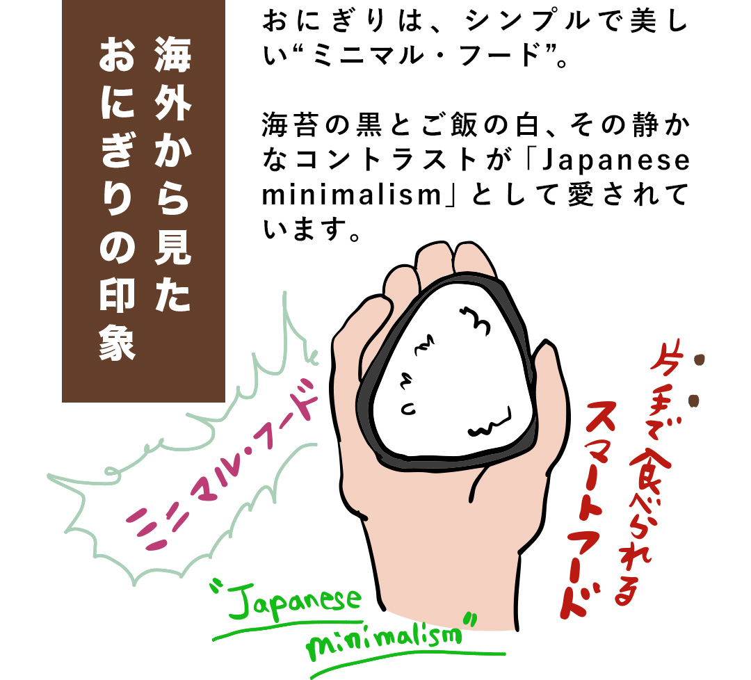 海外から見たおにぎりの印象 おにぎりは、シンプルで美しい“ミニマル・フード”。海苔の黒とご飯の白、その静かなコントラストが「Japanese minimalism」として愛されています。