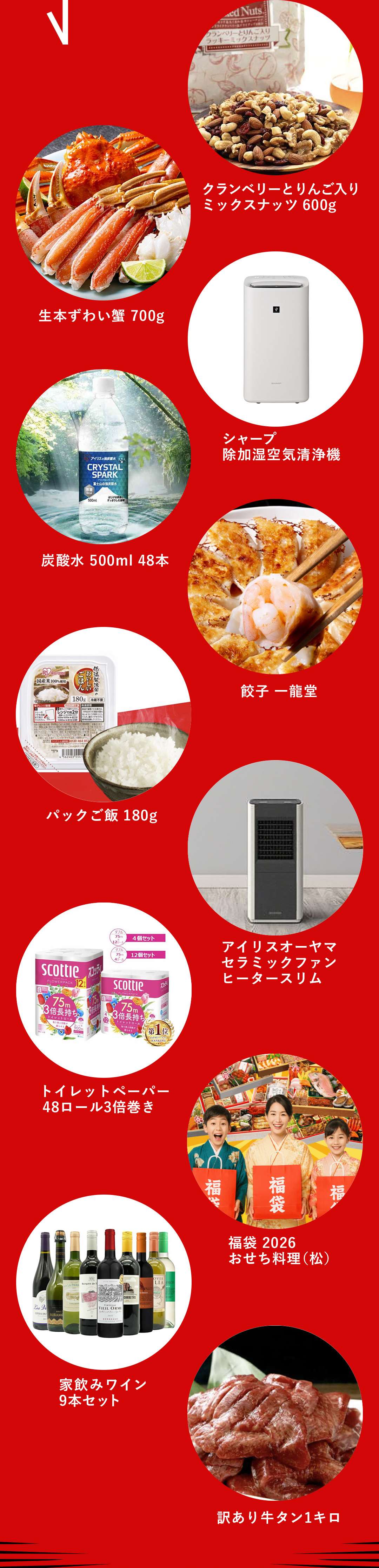 クランベリーとりんご入りミックスナッツ 600g／生本ずわい蟹 700g／シャープ 除加湿空気清浄機／炭酸水 500ml 48本／餃子 一龍堂／パックご飯 180g／アイリスオーヤマ セラミックファン ヒータースリム／トイレットペーパー 48ロール3倍巻き／福袋 2026 おせち料理（松）／家飲みワイン 9本セット／訳あり牛タン 1キロ