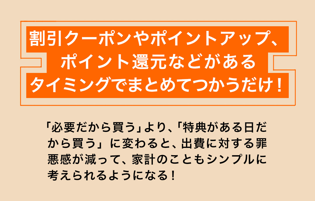 割引クーポンやポイントアップ、ポイント還元などがあるタイミングでまとめてつかうだけ！「必要だから買う」より、「特典がある日だから買う」に変わると、出費に対する罪悪感が減って、家計のこともシンプルに考えられるようになる！