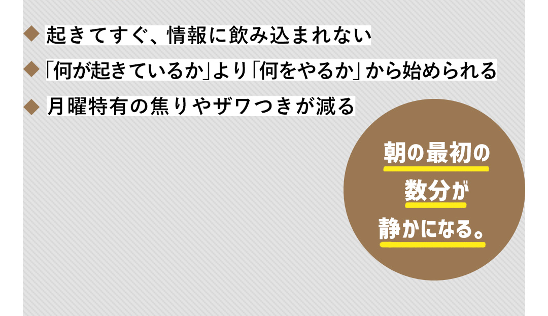 起きてすぐ、情報に飲み込まれない／「何が起きているか」より「何をやるか」から始められる／月曜特有の焦りやザワつきが減る 朝の最初の数分が静かになる。