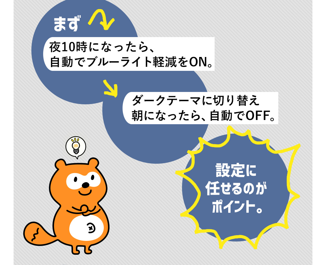 まず夜10時になったら、自動でブルーライト軽減をON。ダークテーマに切り替え朝になったら、自動でOFF。設定に任せるのがポイント。