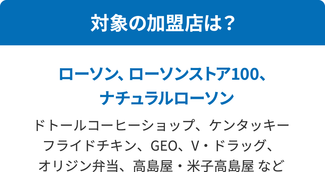 対象の加盟店は？ローソン、ローソンストア100、ナチュラルローソン ドトールコーヒーショップ、ケンタッキーフライドチキン、GEO、V・ドラッグ、オリジン弁当、高島屋・米子高島屋 など