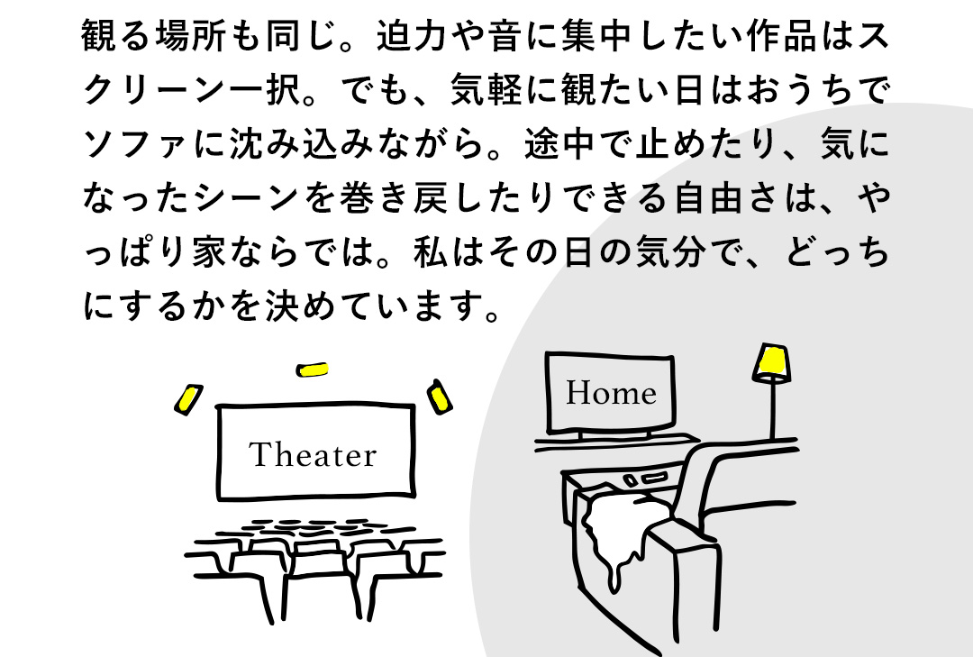 観る場所も同じ。迫力や音に集中したい作品はスクリーン一択。でも、気軽に観たい日はおうちでソファに沈み込みながら。途中で止めたり、気になったシーンを巻き戻したりできる自由さは、やっぱり家ならでは。私はその日の気分で、どっちにするかを決めています。