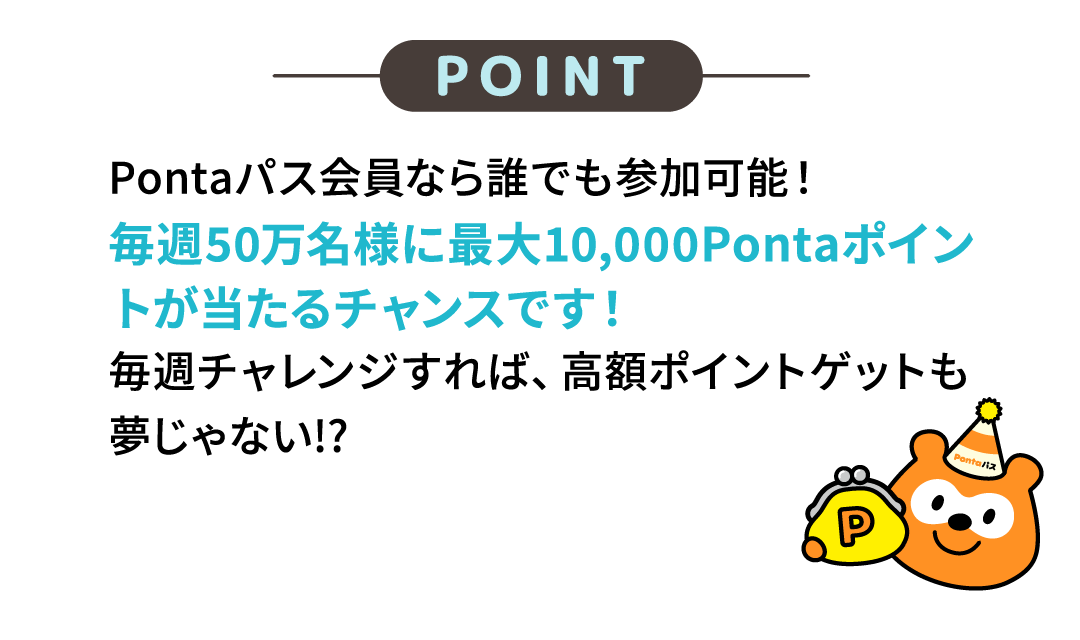 POINT Pontaパス会員なら誰でも参加可能！毎週50万名様に最大10,000Pontaポイントが当たるチャンスです！毎週チャレンジすれば、高額ポイントゲットも夢じゃない!?