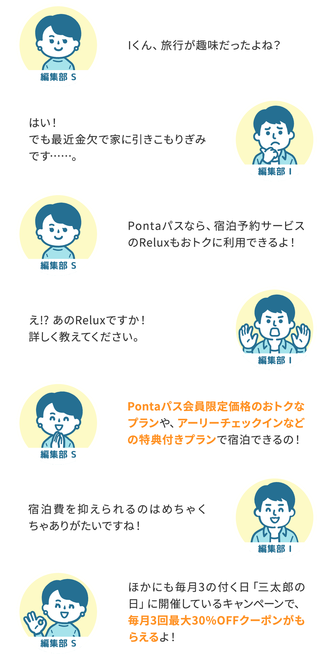 編集部 S Iくん、旅行が趣味だったよね？／編集部 I はい！でも最近金欠で家に引きこもりぎみです……。／編集部 S Pontaパスなら、宿泊予約サービスのReluxもおトクに利用できるよ！／編集部 I え!? あのReluxですか！詳しく教えてください。／編集部 S Pontaパス会員限定価格のおトクなプランや、アーリーチェックインなどの特典付きプランで宿泊できるの！／編集部 I 宿泊費を抑えられるのはめちゃくちゃありがたいですね！／編集部 S ほかにも毎月3の付く日「三太郎の日」に開催しているキャンペーンで、毎月3回最大30%OFFクーポンがもらえるよ！