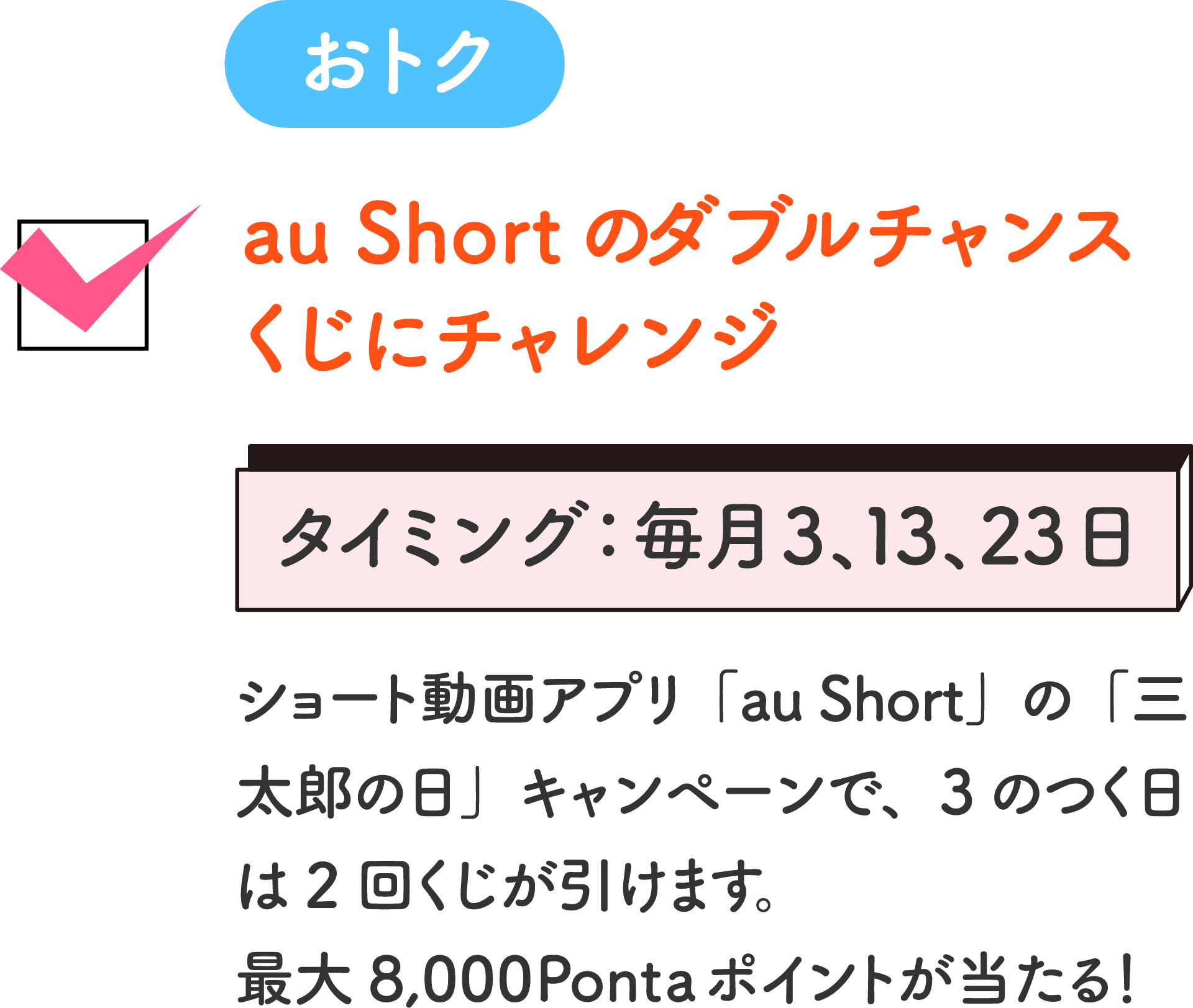 おトク au Shortのダブルチャンスくじにチャレンジ タイミング：毎月3、13、23日 ショート動画アプリ「au Short」の「三太郎の日」キャンペーンで、3のつく日は2回くじが引けます。最大8,000Pontaポイントが当たる！
