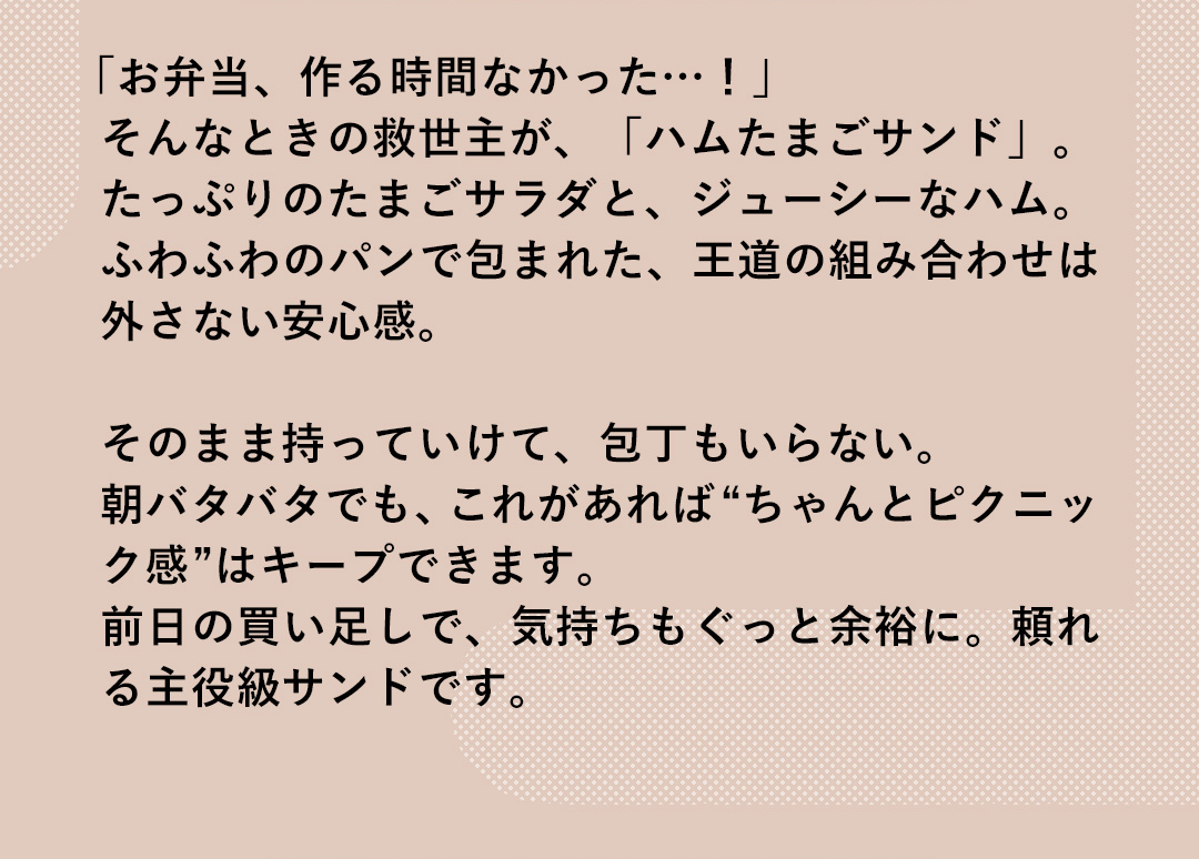 「お弁当、作る時間なかった…！」そんなときの救世主が、「ハムたまごサンド」。たっぷりのたまごサラダと、ジューシーなハム。ふわふわのパンで包まれた、王道の組み合わせは外さない安心感。そのまま持っていけて、包丁もいらない。朝バタバタでも、これがあれば“ちゃんとピクニック感”はキープできます。前日の買い足しで、気持ちもぐっと余裕に。頼れる主役級サンドです。