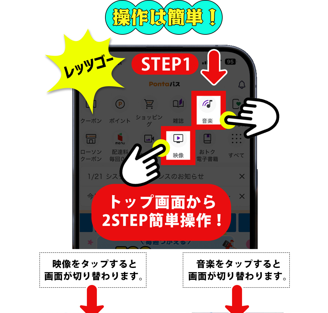 操作は簡単！レッツゴー STEP1 トップ画面から2STEP簡単操作！映像をタップすると画面が切り替わります。／音楽をタップすると画面が切り替わります。