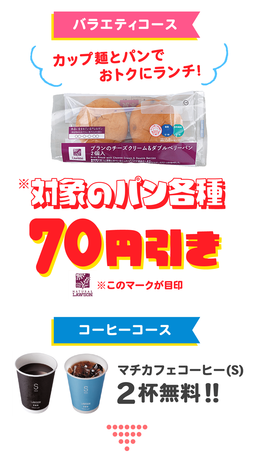 今週はこちらもおトク！バラエティコース カップ麺とパンでおトクにランチ！対象のパン各種 70円引き コーヒーコース マチカフェコーヒー(S) 2杯無料!!