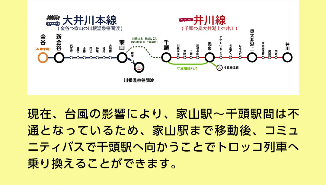 現在、台風の影響により、家山駅〜千頭駅間は不通となっているため、家山駅まで移動後、コミュニティバスで千頭駅へ向かうことでトロッコ列車へ乗り換えることができます。