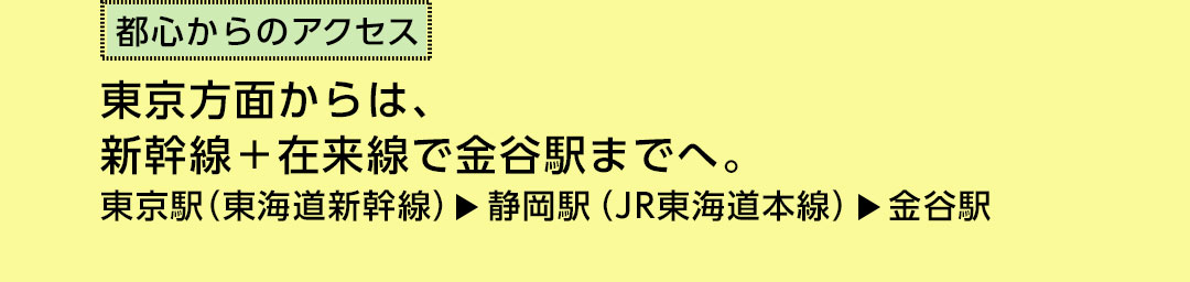 都心からのアクセス 東京方面からは、新幹線＋在来線で金谷駅までへ。東京駅（東海道新幹線）→静岡駅（JR東海道本線）→金谷駅