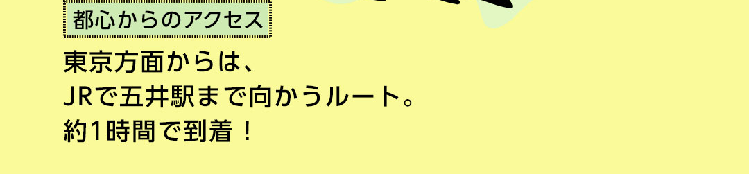 都心からのアクセス 東京方面からは、JRで五井駅まで向かうルート。約1時間で到着！