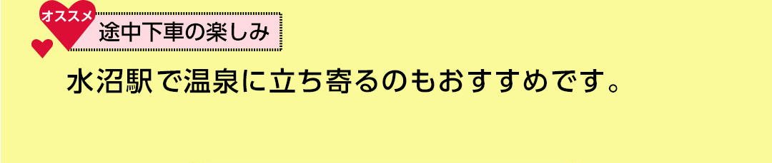 途中下車の楽しみ 水沼駅で温泉に立ち寄るのもおすすめです。