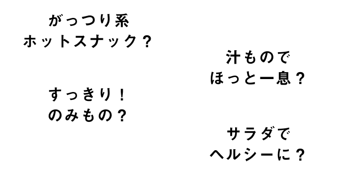 「がっつり系ホットスナック？」「汁ものでほっと一息？」「すっきり！のみもの？」「サラダでヘルシーに？」の吹き出し